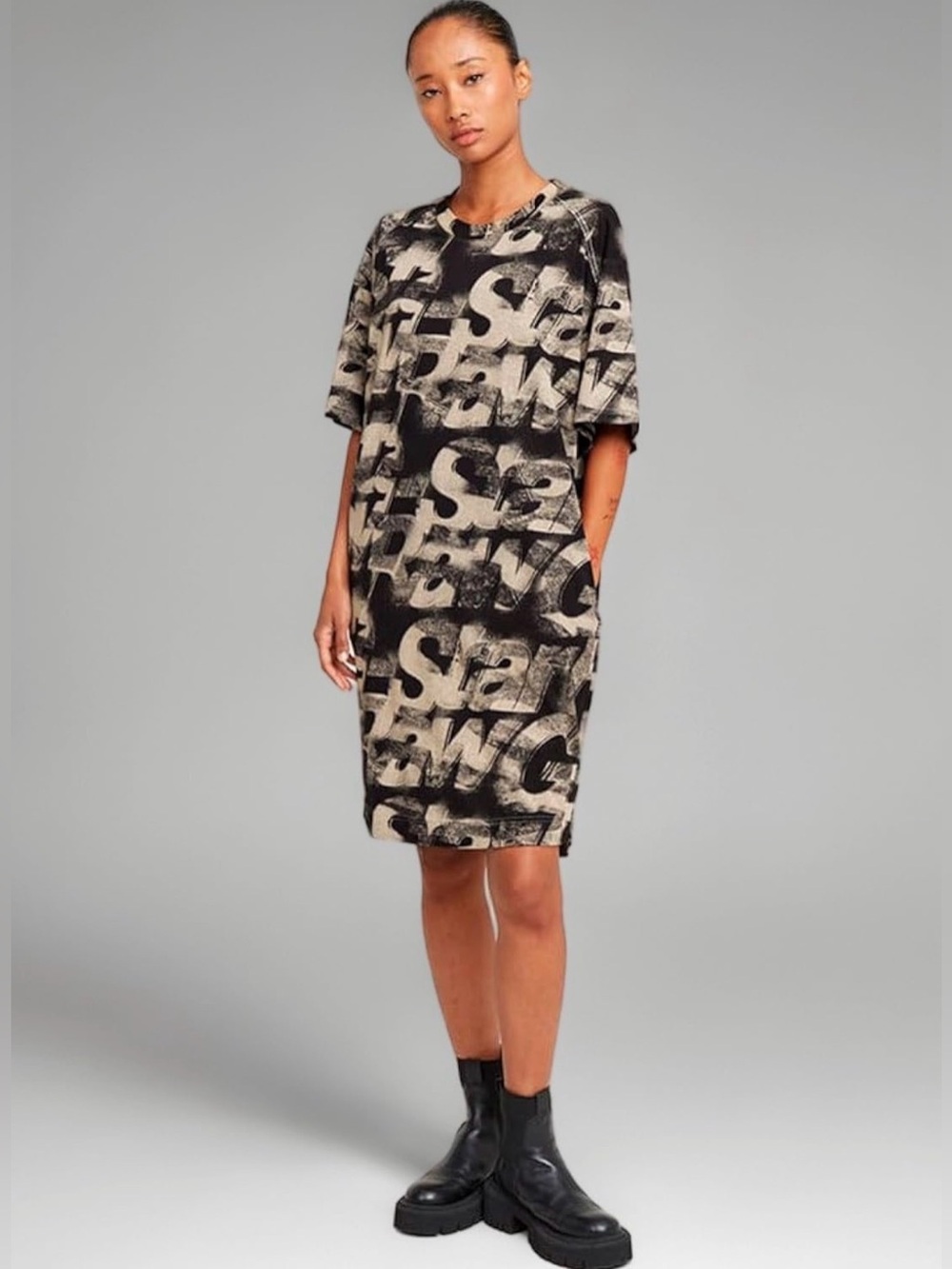 G-Star Sprayed Letter Graphic Logo Midi Dress in Black and Beige